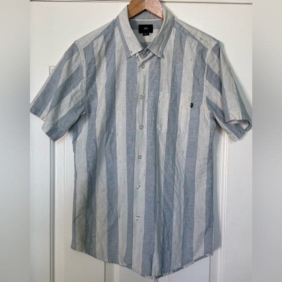 OBEY Worldwide Striped Button-Up Shirt Men’s M Blue White Cotton Short Sleeve - Picture 1 of 11